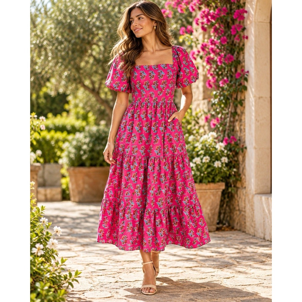 J.Crew Pink Floral Midi Dress 14 Puff Sleeve Smocked Cotton Pockets Cottagecore